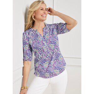 Talbots Ditsy Floral Popover Blouse Top Purple Boho Bohemian Ruffle Size Large